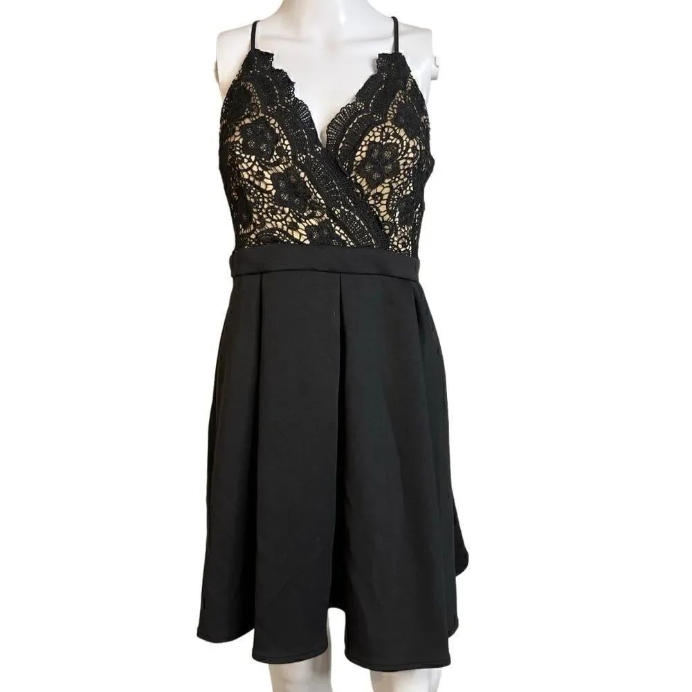 Francesca's Lace Overlay Mini Dress Black andāNudeāSizeāMedium